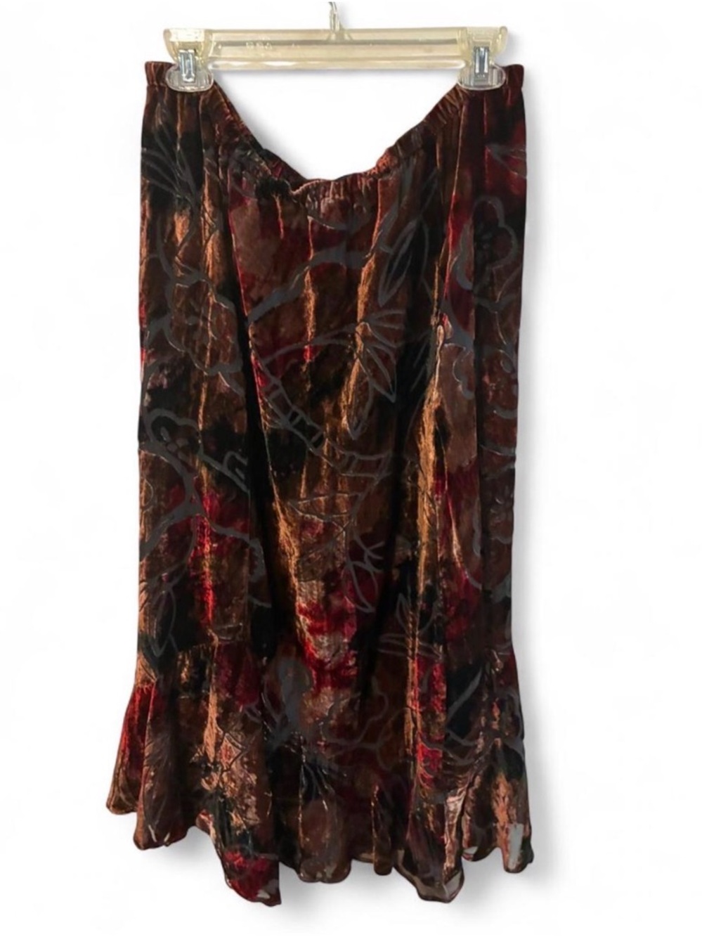 Women's Velvet Burnout Midi Skirt - Brown & Black Floral